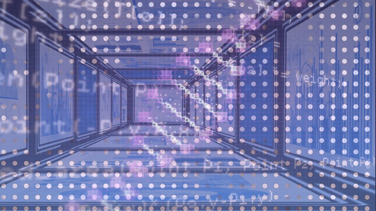 데이터 처리의 애니메이션과 다양한 데이터를 가진 디지털 스크린으로 만든 dna 오버 터널