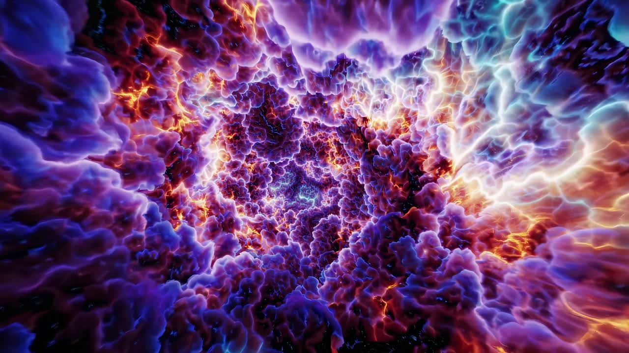 Aerial view of a vibrant, swirling nebula in a cosmic video, showcasing electric purple and teal