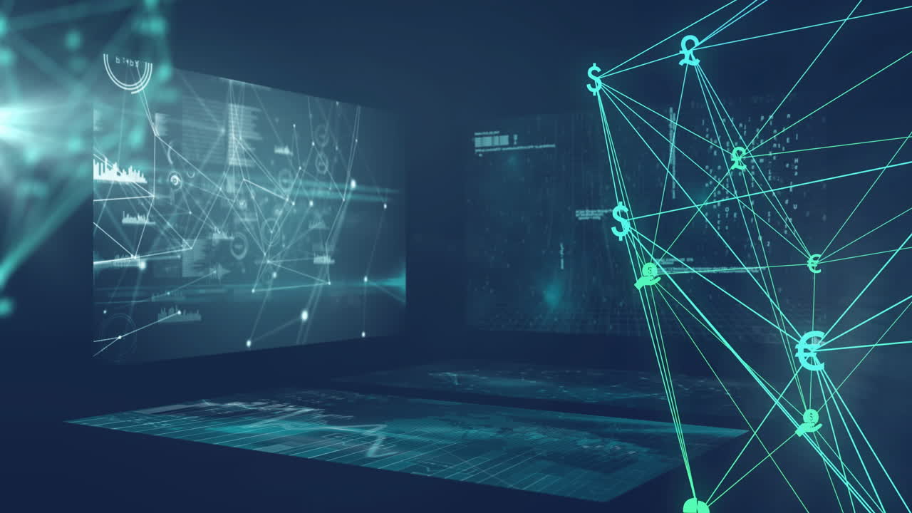 Animation of network of connections and data processing on black background