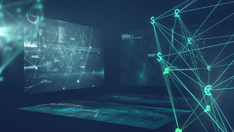 animation of network of connections and data processing on black background