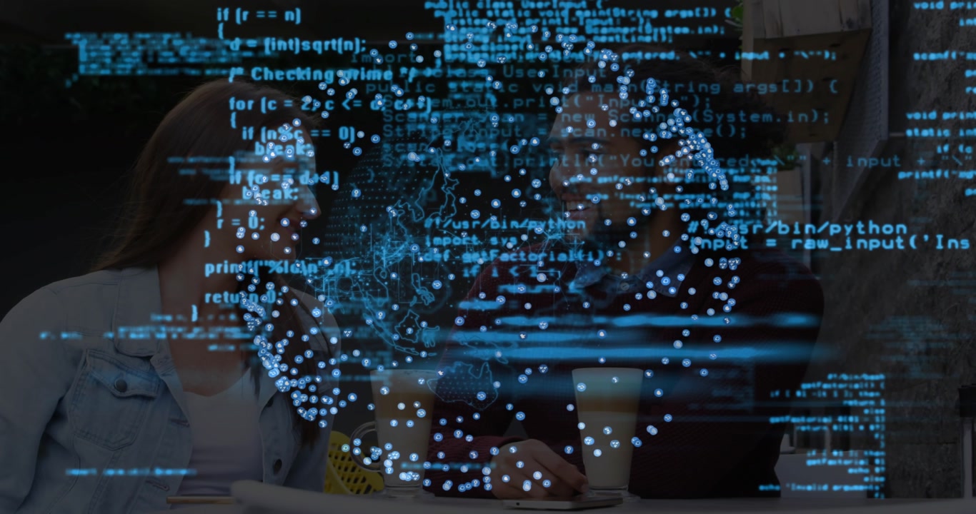 Friends sitting outdoor cafe sipping chatting under swirling tech overlay appearing spinning globe