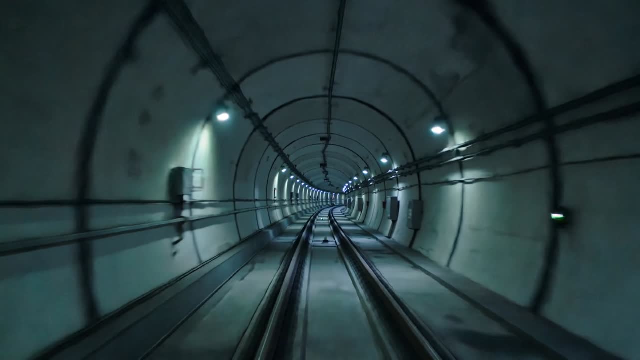 Kamera beginnt Bewegung durch unterirdischen Tunnel, vorbei an parallelen Führungsschienen und Wandleuchten.