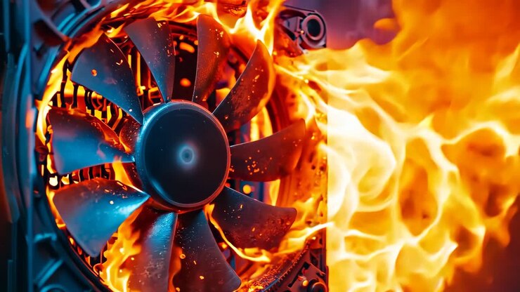A computer case with a fan on fire in the background
