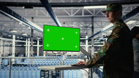 army programmer in server hub uses ai application on green screen mockup pc
