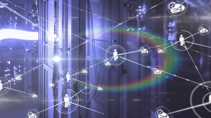 Animation of network of connection with people icons over computer server