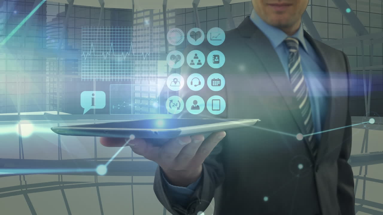 animación de puntos conectados sobre un hombre de negocios que sostiene una tableta digital y múltiples iconos