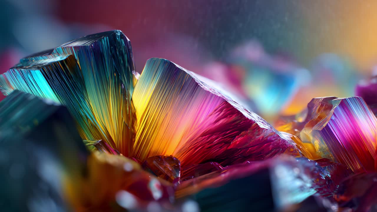 Vibrant and Multi-Colored Crystals: An Intricate Close-Up of Shimmering Gemstone Facets Reflecting a Spectrum of Colors and Light in a Stunning Display of Natural Beauty