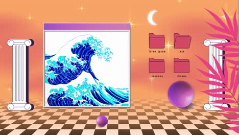 retro vaporwave poster with user interface elements and vintage illustrations. orange abstract aesthetic background. 2d animation.