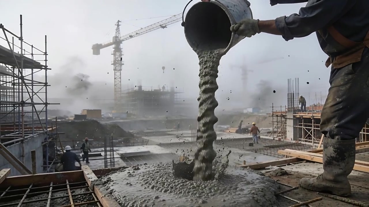 Pouring worker tilting bucket, pouring concrete on rebar to form slab, in safety gear, copy space