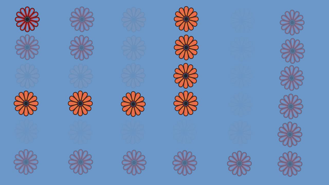 animación de filas de flores rojas y naranjas que se mueven sobre un fondo azul