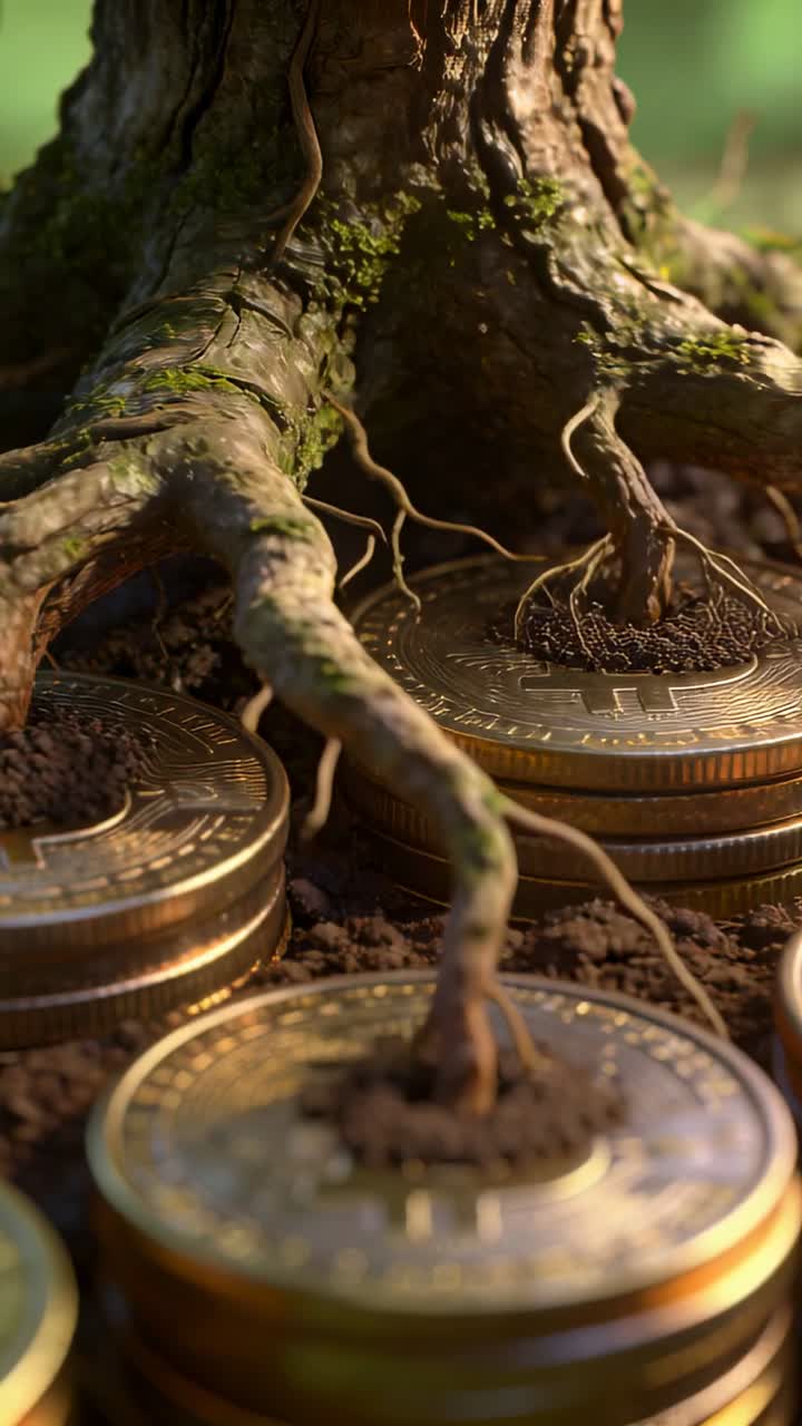 Vertical video: Growing tree roots pushing stacked Bitcoin coins at base of trunk, displacing soil