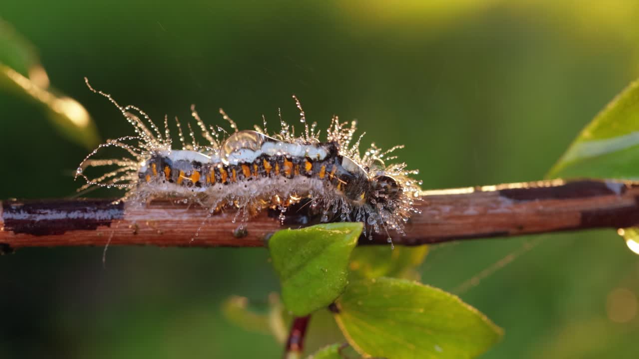 Yellow tail moth (Euproctis similis) caterpillar, goldtail or swan moth (Sphrageidus similis) is a caterpillar of the family Erebidae. Caterpillar crawls along a tree branch on a green background.