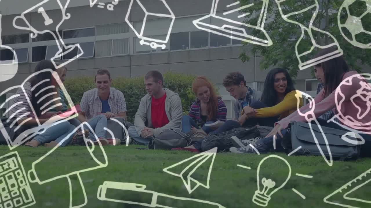 학생 들 위 에 있는  ⁇ 색 학교 물건 아이콘 의 애니메이션