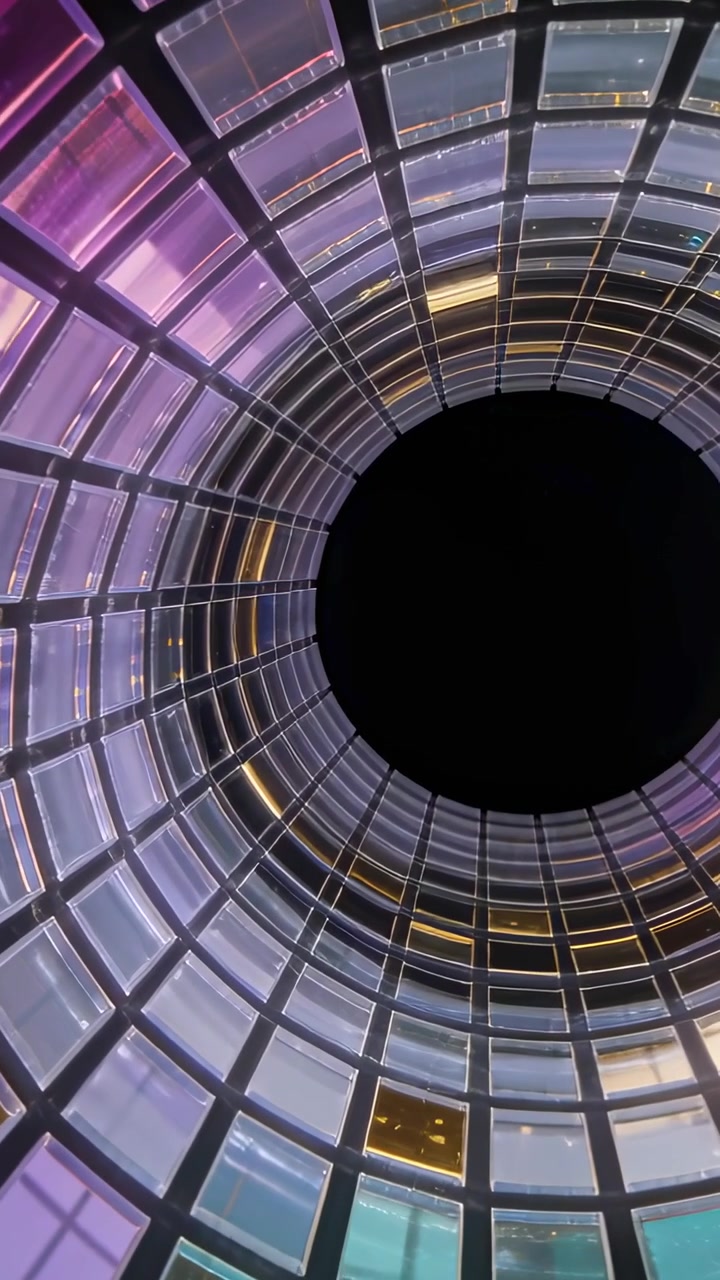 Video verticale: Telecamera rotante che mostra un cilindro di vetro di notte, con luci pulsanti che rivelano pannelli.
