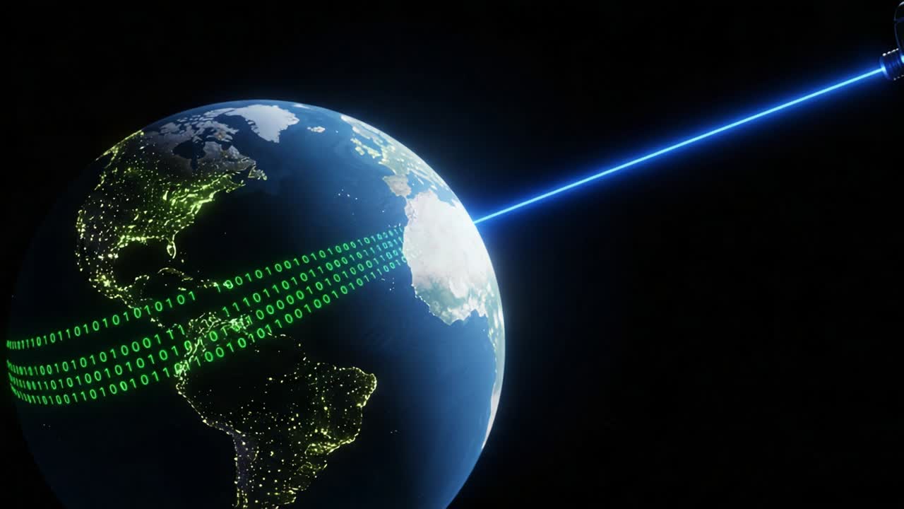 A High-Tech Visualization of Data Transmission Across the Earth Using Laser Beams and Digital Binary Code, Representing Modern Connectivity and Technology