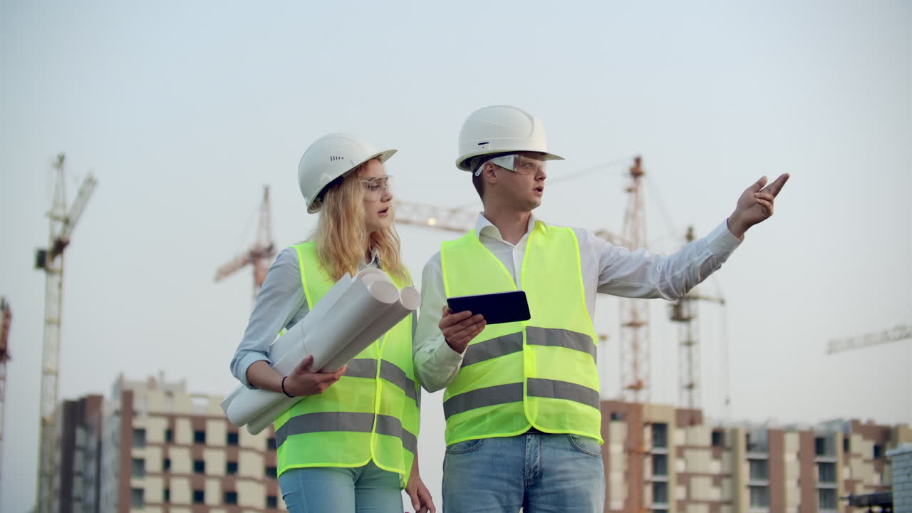 Two colleagues of engineers a man and a woman discussing a drawing and a tablet computer on the background of buildings under construction and cranes a woman talking on the phone with the boss