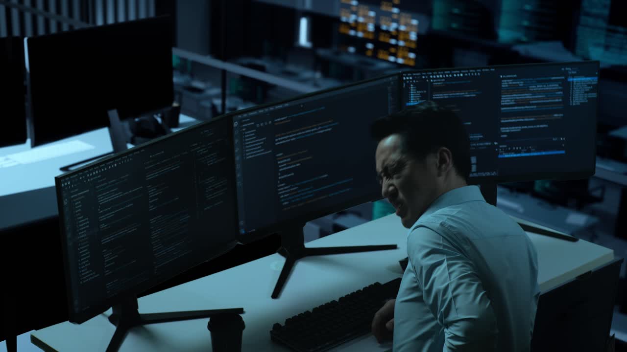 Side View Of Asian Man Developer Having Backache While Write Code With Multiple Computer Screens In The Office