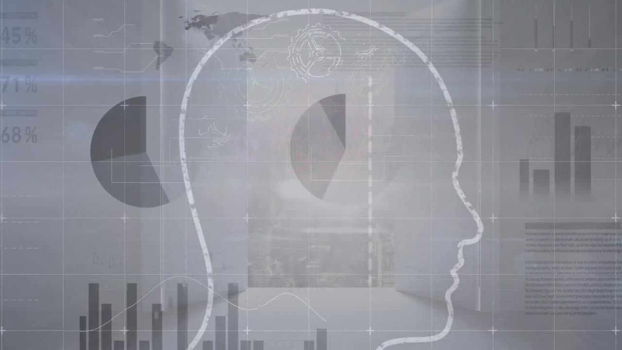 Animation of human head with multiple charts and computer languages moving in loop