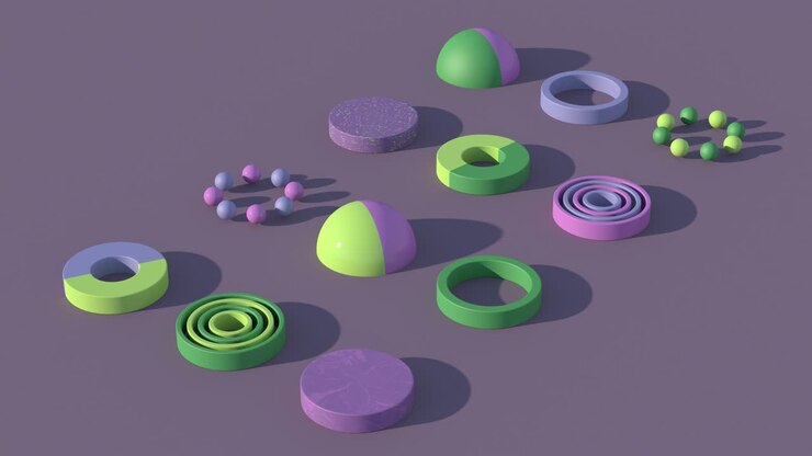 Purple and green circle shapes. Abstract animation, 3d render.