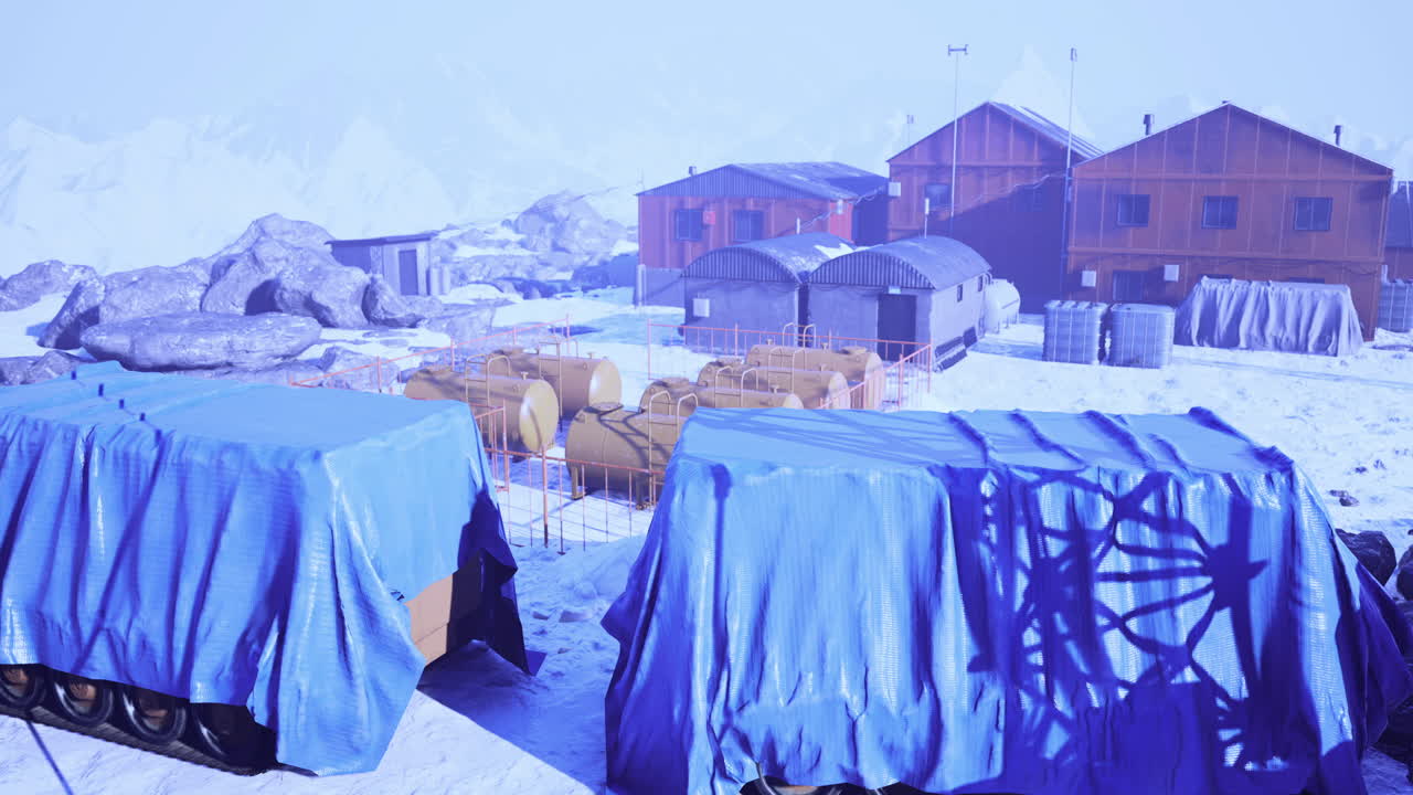 Exploration base nestled in icy terrain under a hazy blue sky