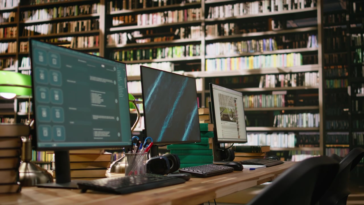 Multiple computer monitors show virtual assistant and blue display