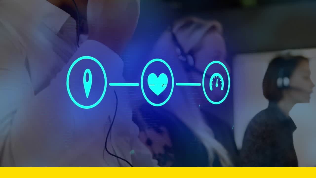 전화 헤드 ⁇ 을 사용하는 사람 위에 세 개의 디지털 아이콘의 애니메이션