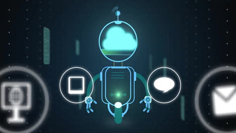 robot with cloud head and icons, technology and communication animation