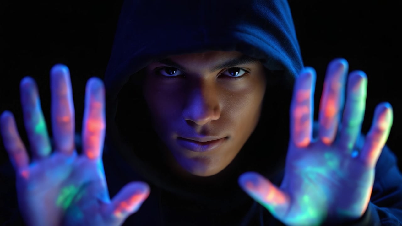 Misterioso joven con manos luminosas iluminadas en un entorno oscuro, mostrando una mezcla única de luz y sombra, creando un efecto visual intrigante