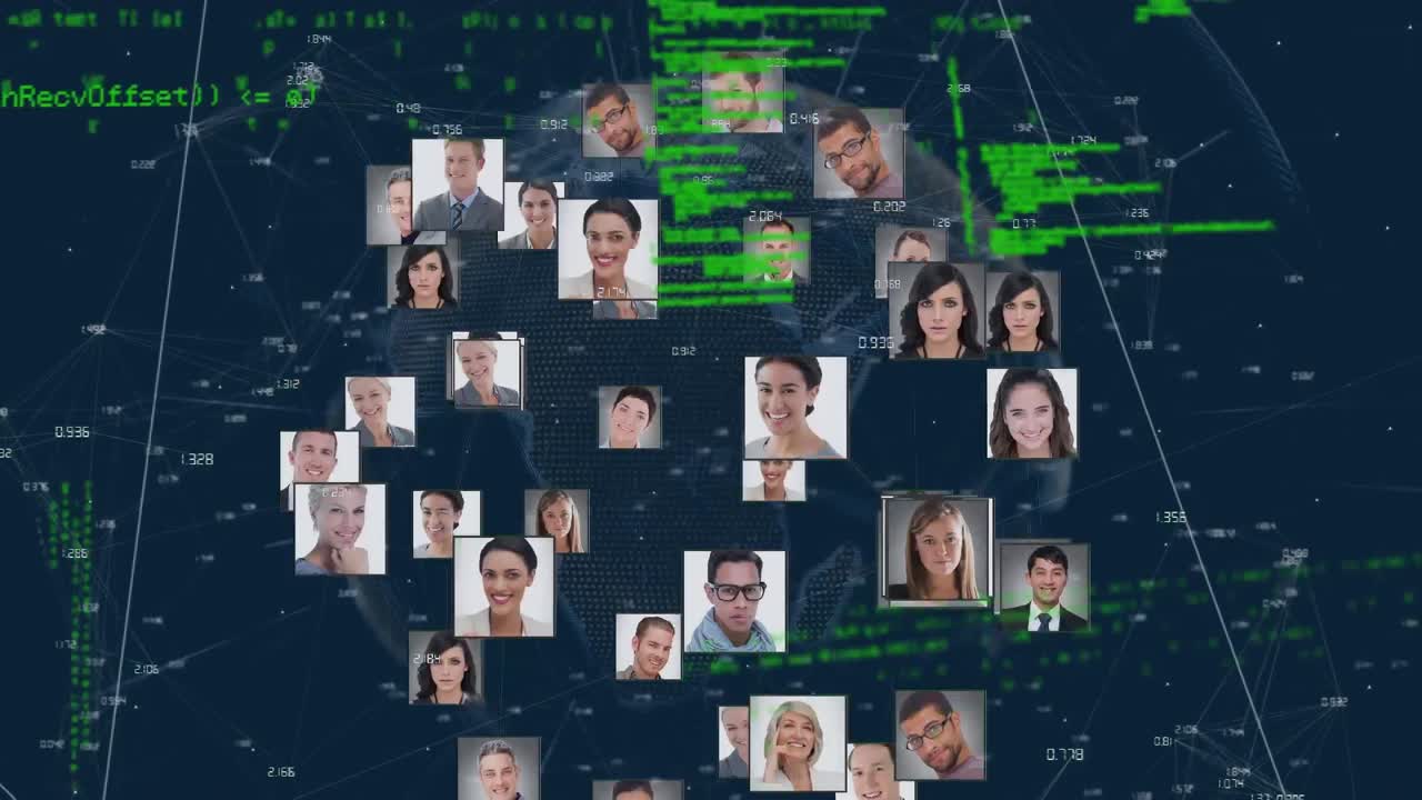 Microprocessor connections over globe of business profile icons and data processing
