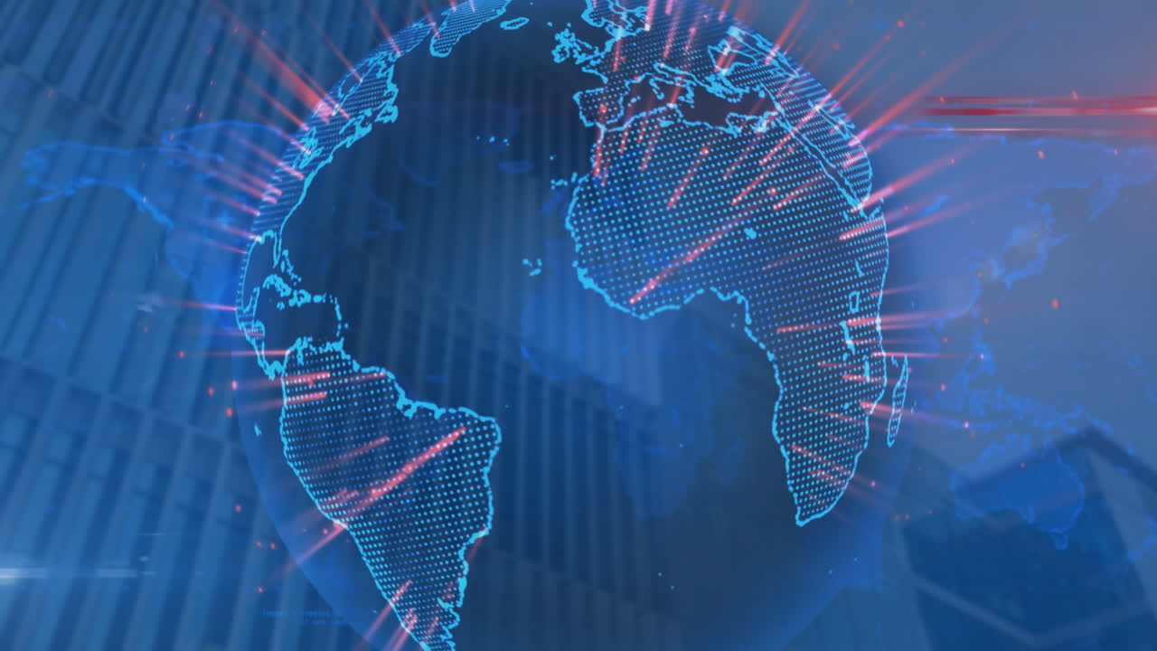 금융 데이터 처리의 애니메이션, 현대 사무실 건물 위의 지구와 세계 지도