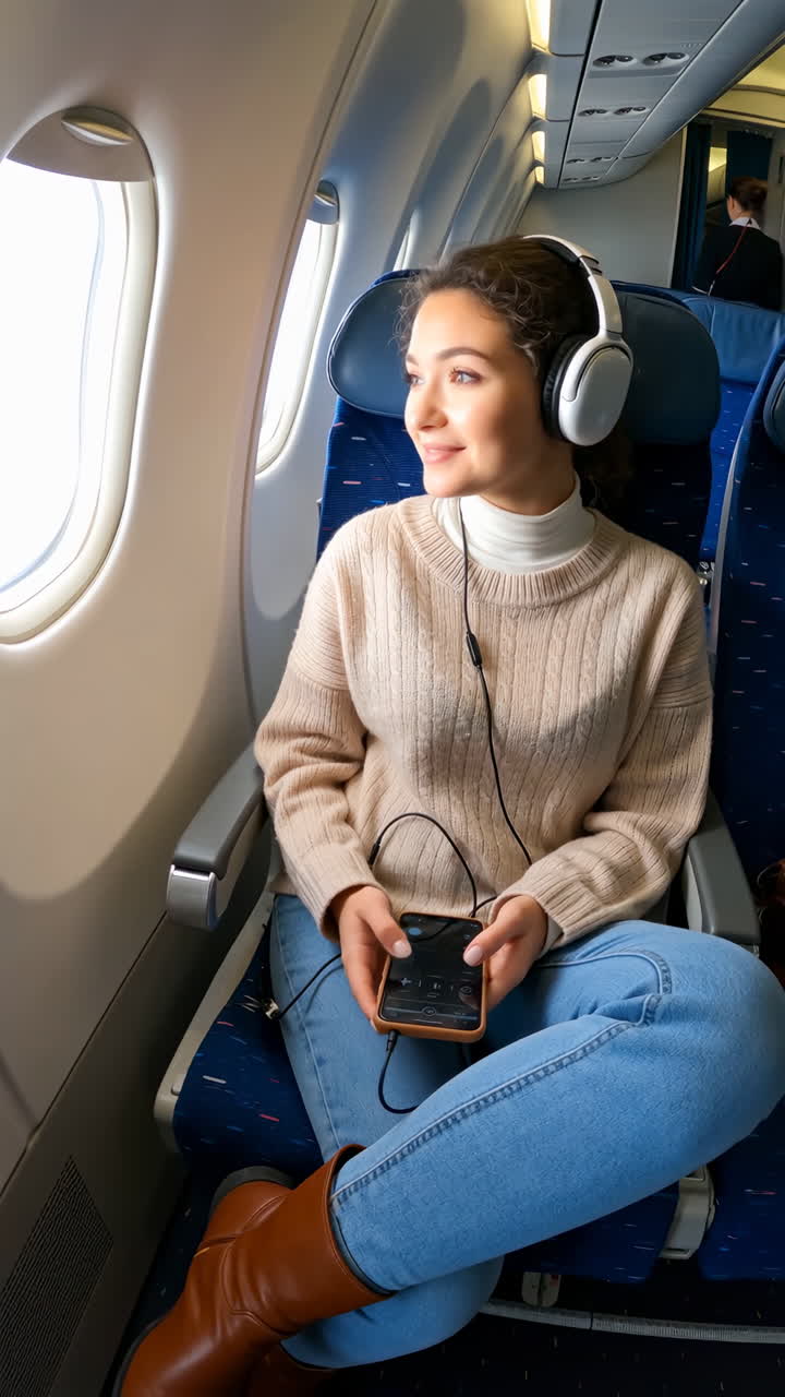 Woman listening to music and looking out the window on an airplane