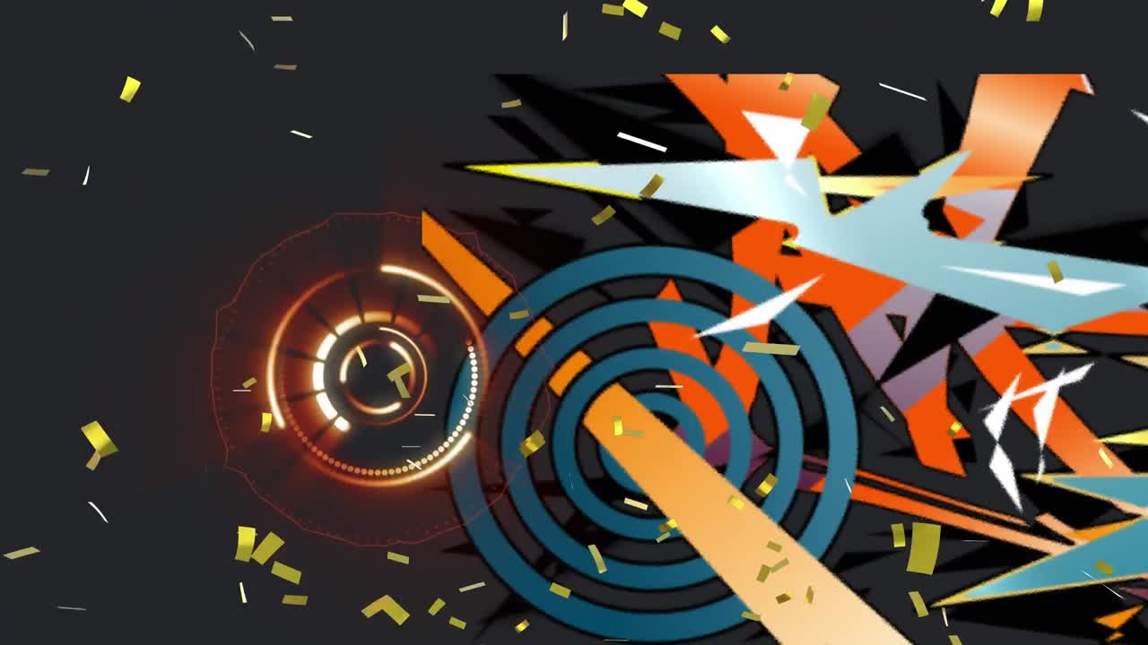 animación de confeti cayendo sobre formas abstractas y alcance sobre fondo negro