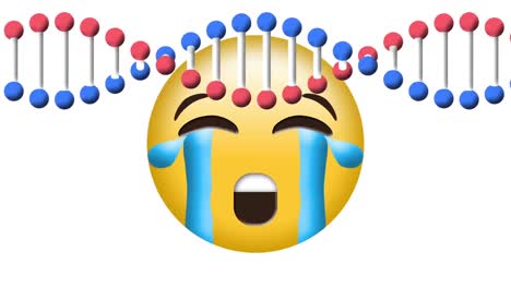 Digital-animation-of-dna-structure-spinning-over-crying-face-emoji-against-white-background