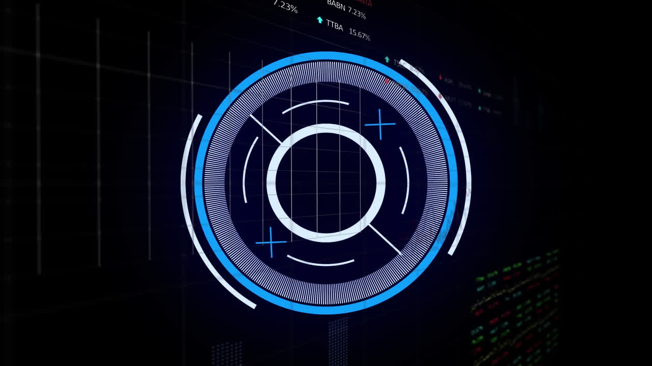 Animation of loading circles with graphs and trading board against black background