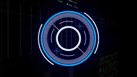 Animation of loading circles with graphs and trading board against black background