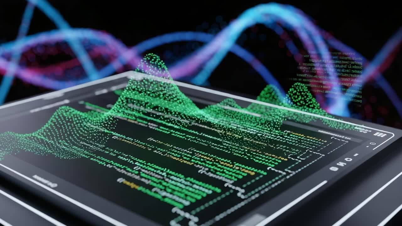 Visualizing Data: An Insight into Digital Analytics with Dynamic Wave Patterns and Code Representation on a Screen