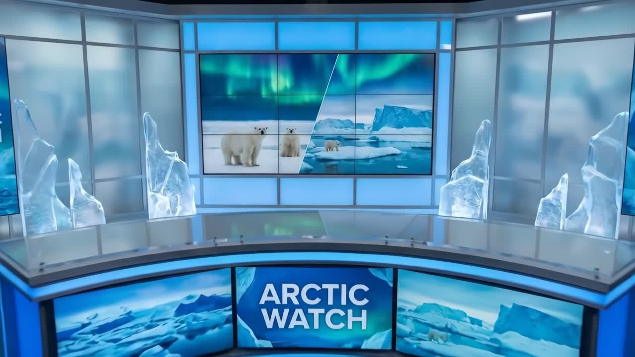 Virtual News Studio Set with Arctic Theme and Polar Bear Displays