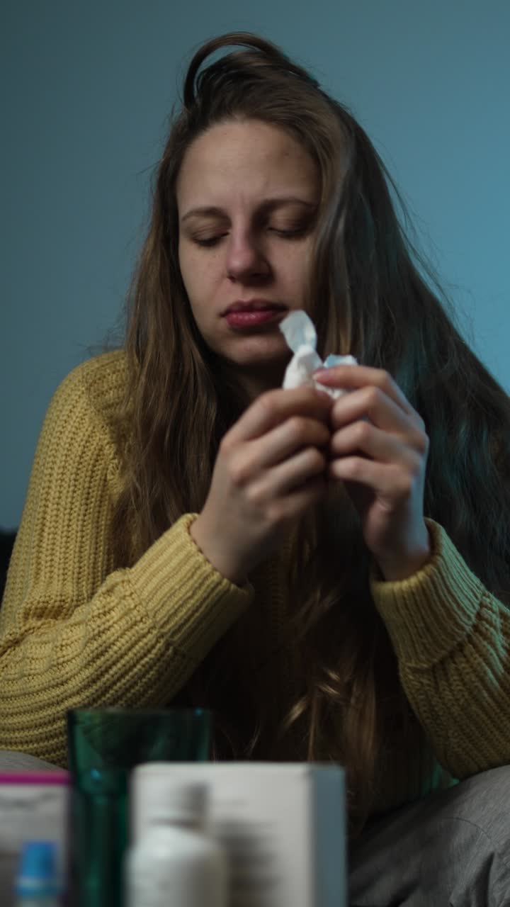 Una donna malata siede su un divano in una stanza poco illuminata, starnutisce e si strofina il naso mentre allunga la mano verso una boccetta di medicinale nasale, circondata da fazzoletti e prodotti per il trattamento dell'influenza a casa.