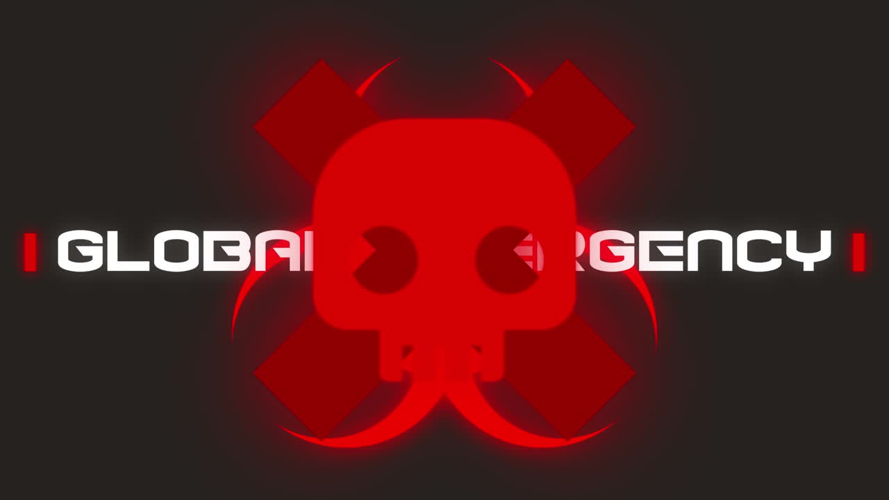 animación del texto de emergencia global sobre el signo de advertencia sobre fondo negro