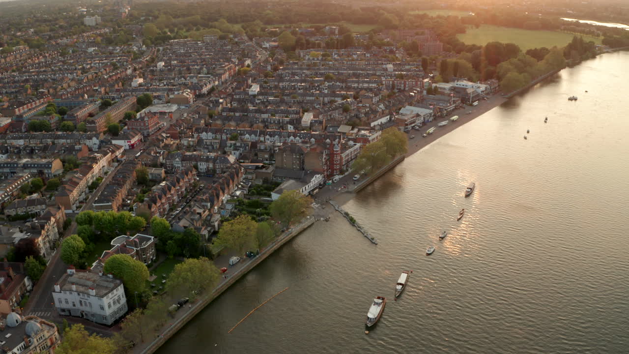 Aerial shot over Putney Embankment riverside boat club