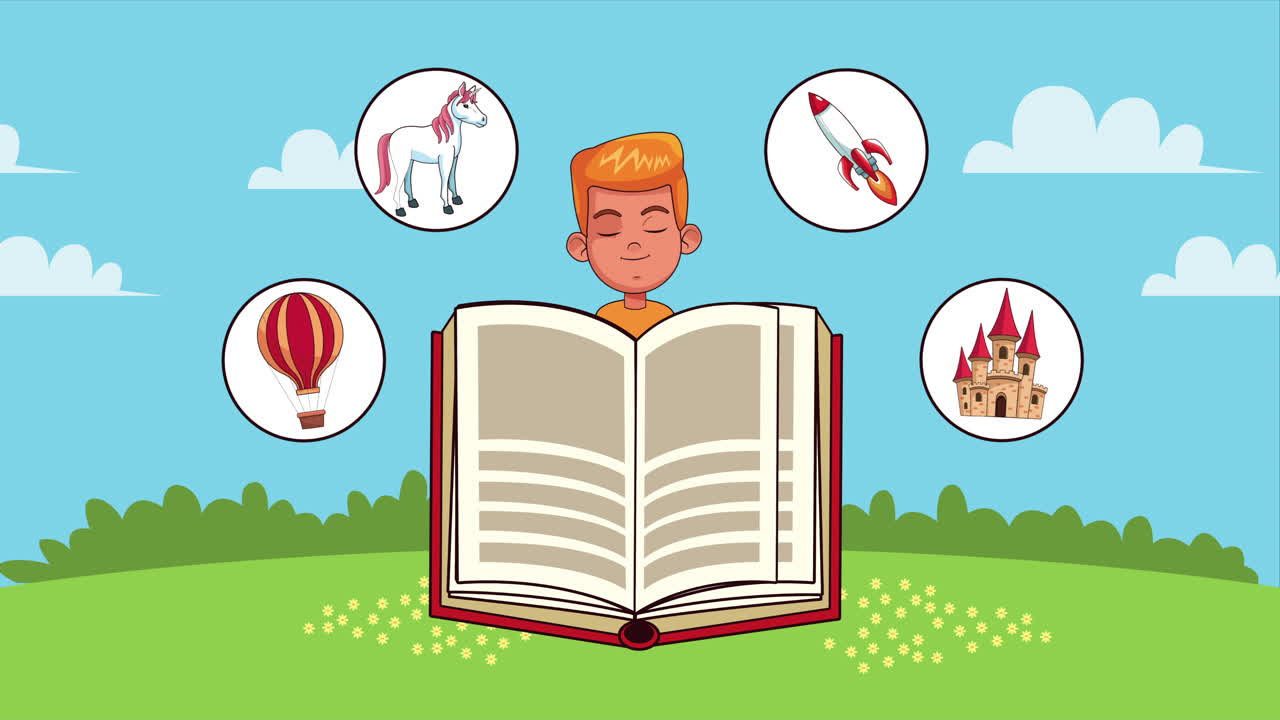 niño estudiante leyendo un libro con iconos de fantasía establecidos