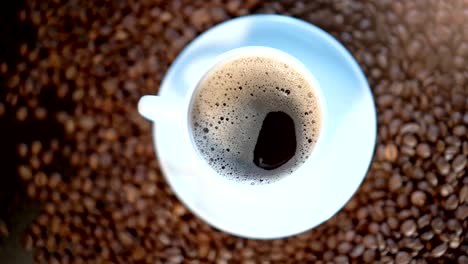 a ceramic white cup with tasty espresso coffee amongst many coffee beans