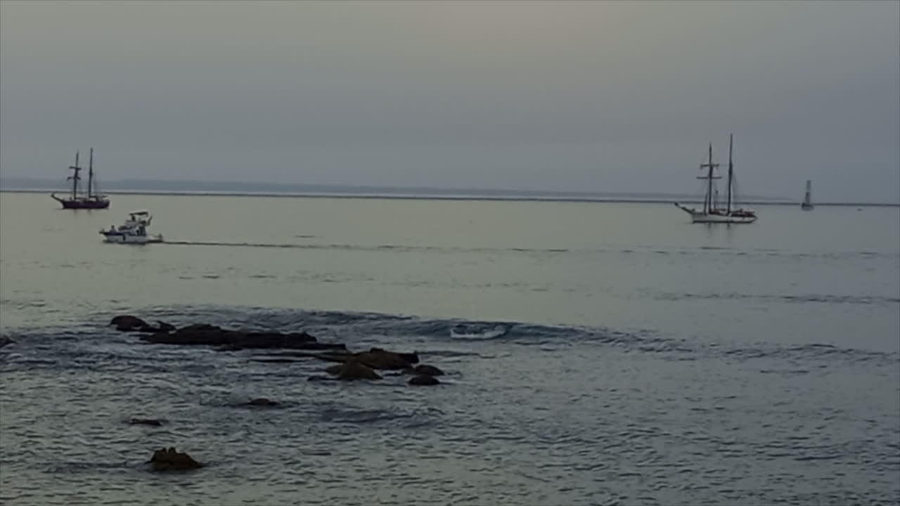 tres veleros amarrados en el mar y una lancha rápida pasando frente a ti, al final de un día gris y sin sol