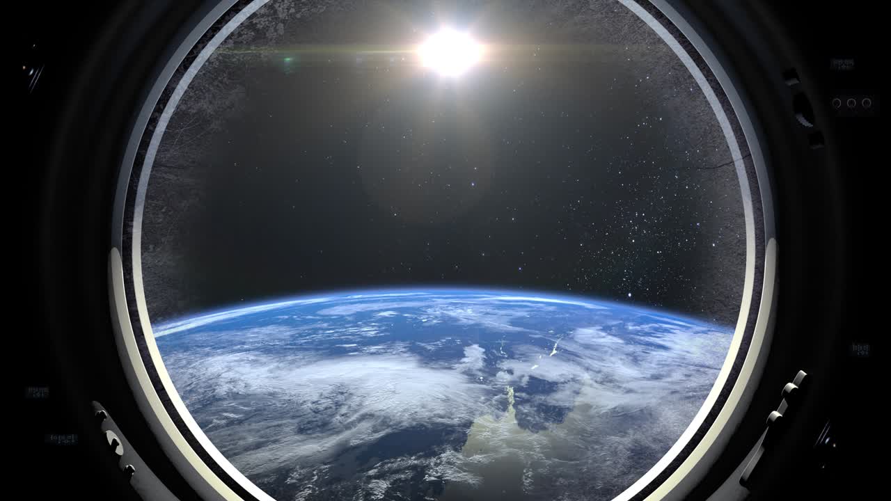 우주선의 큰 구을 통해 지구를 볼 수 있습니다.국제 우주 정거장은 지구를 도하고 있습니다.현실적인 대기. 3d 부피 구름. 우주. iss. 4k. 지구는 뒤로 회전합니다.