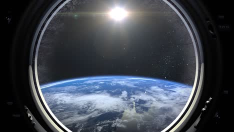 a view of the earth through the big porthole of a spaceship. international space station is orbiting the earth. realistic atmosphere. 3d volumetric clouds. space. iss. 4k. the earth rotates backward.