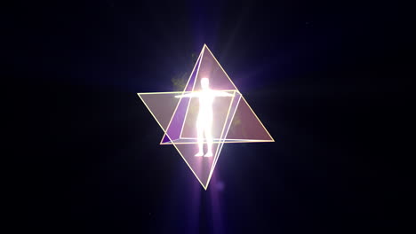 a looped 3d animation of the rotation of two tetrahedrons inside which is a luminous man