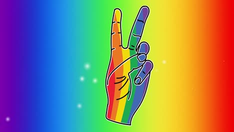 animation of rainbow hand with victory sign over rainbow background