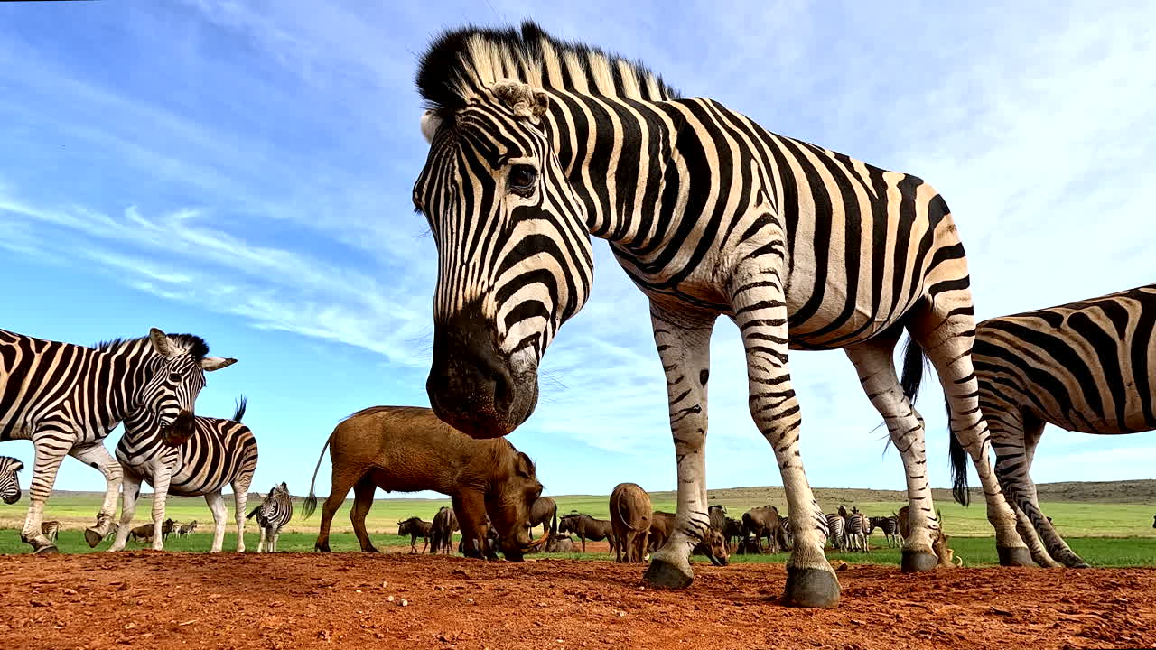 Primo piano dal basso angolo di uno stallone zebra curioso a cui manca un orecchio