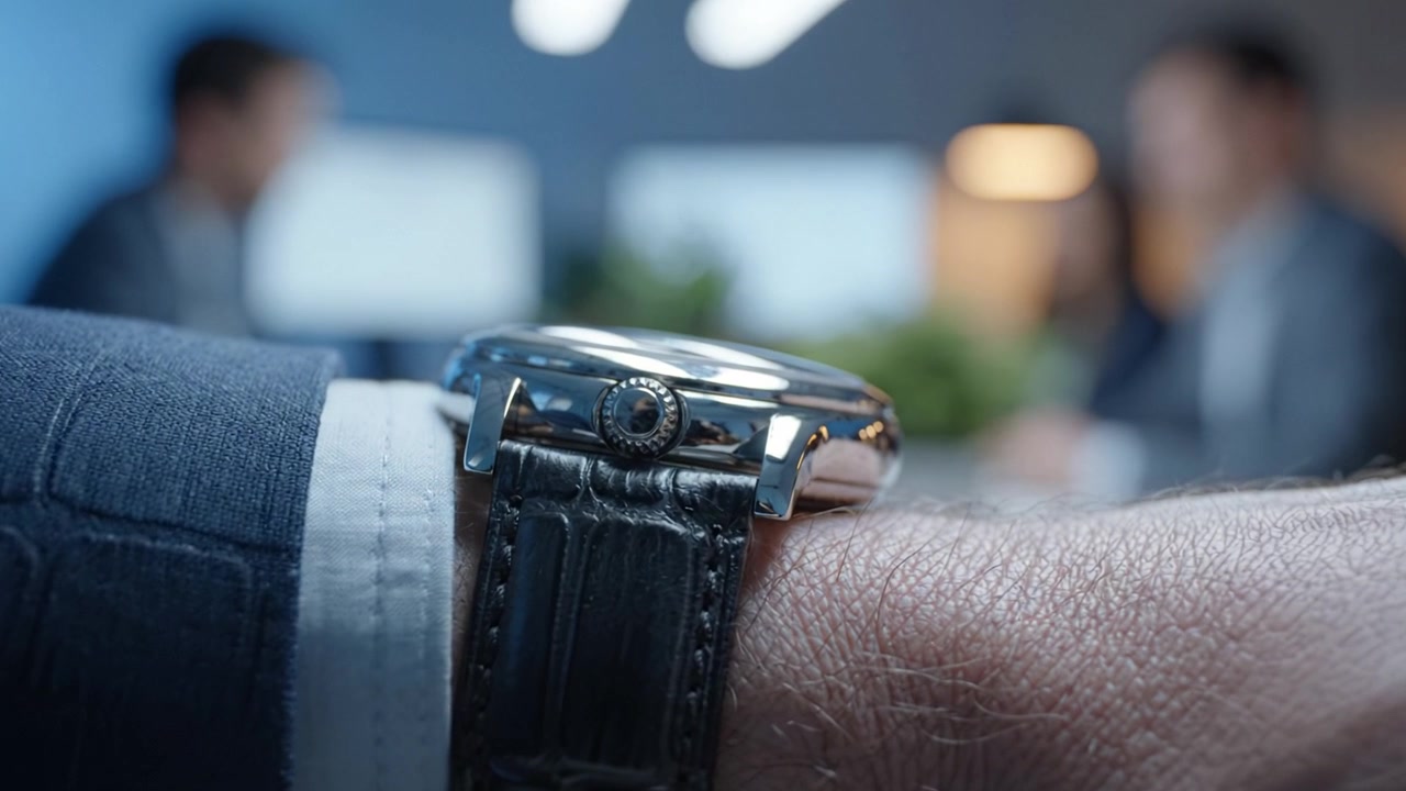 Close-Up of a Stylish Watch on a Businessman's Wrist, Showcasing Elegance and Precision in an Office Meeting Environment Amidst Colleagues Engaged in Discussion