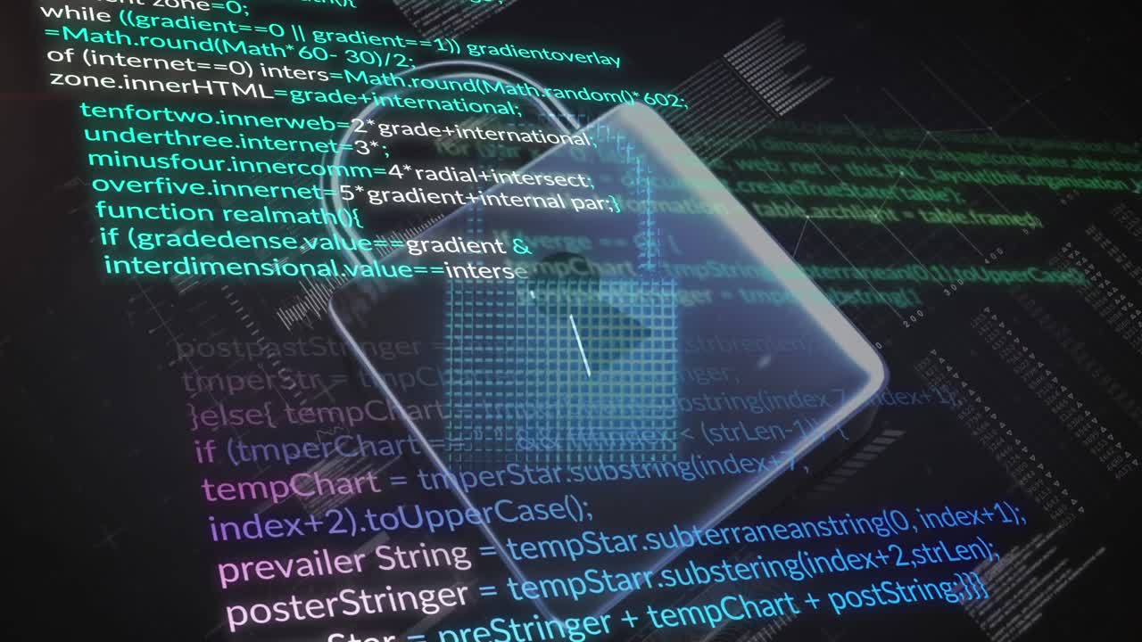 Animation of computer language and cloud over padlock and bars against black background